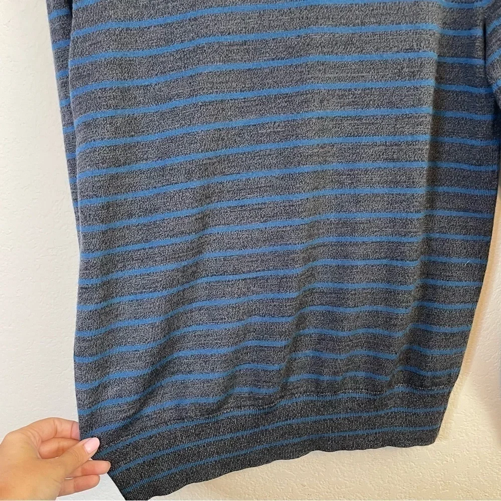 Banana Republic Extra Fine Italian Merino Wool Gray Blue Stripe V Neck Sweater